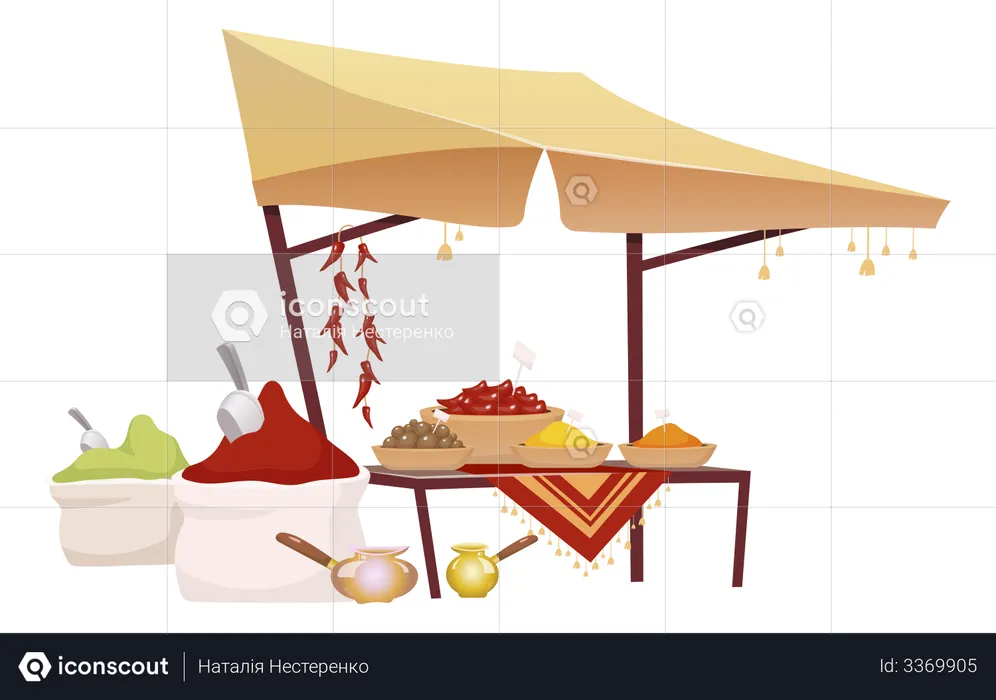 Indian bazaar tent with spices  Illustration