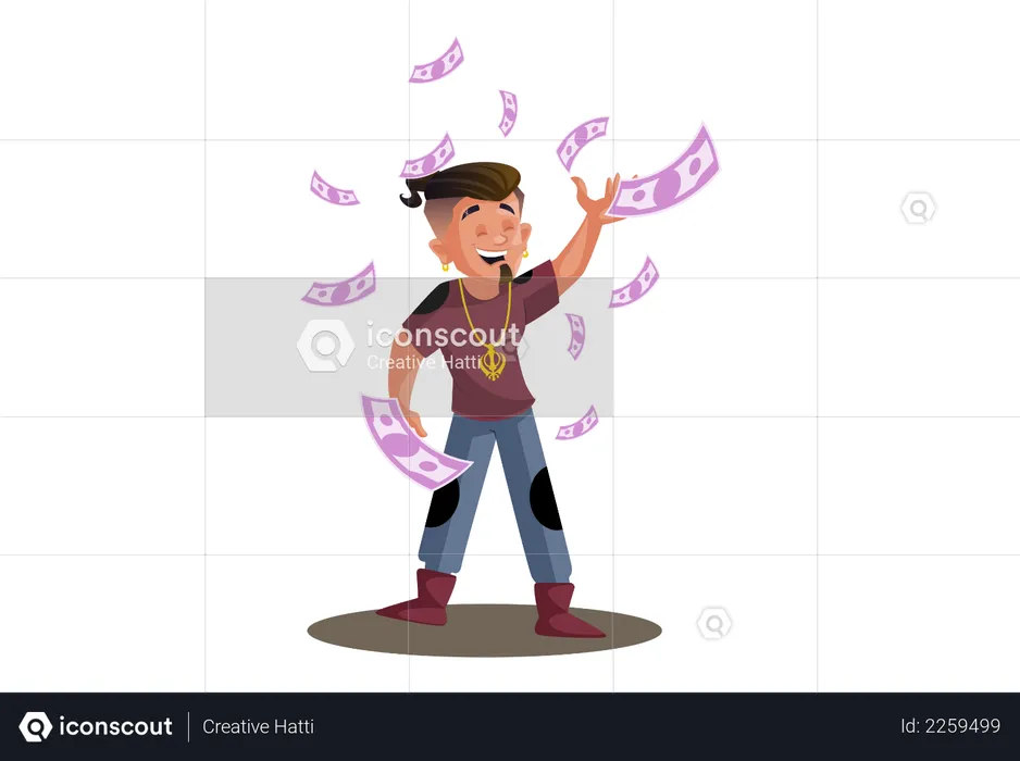 Indian boy is happy and flying money in the air  Illustration
