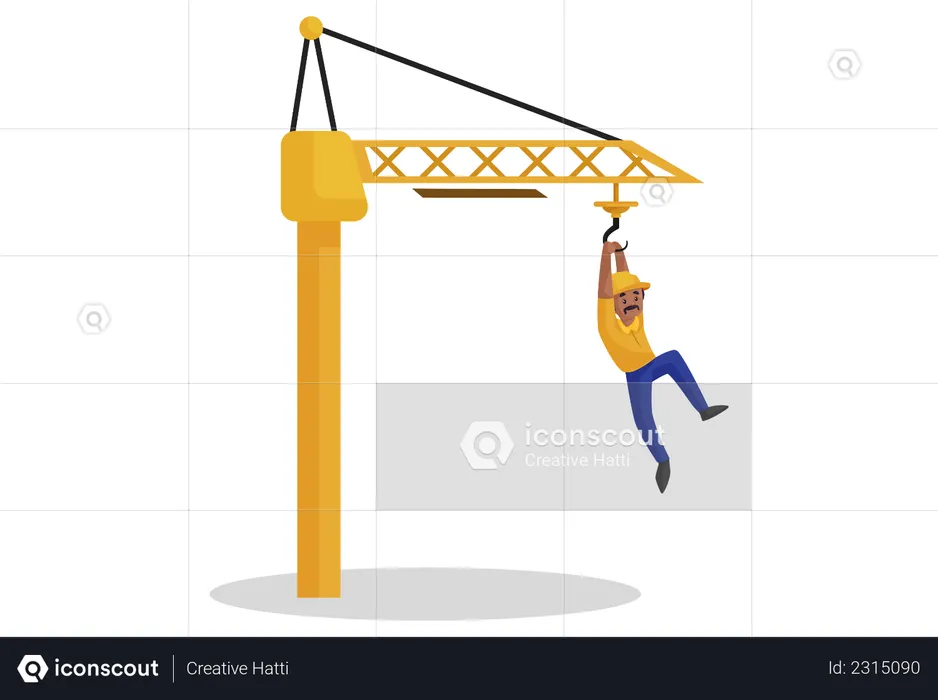 Indian builder is hanging on the tower crane  Illustration