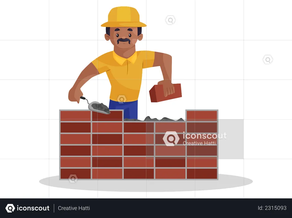 Indian builder is making a wall with cement and bricks  Illustration