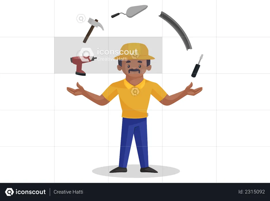 Indian builder showing his construction tools  Illustration
