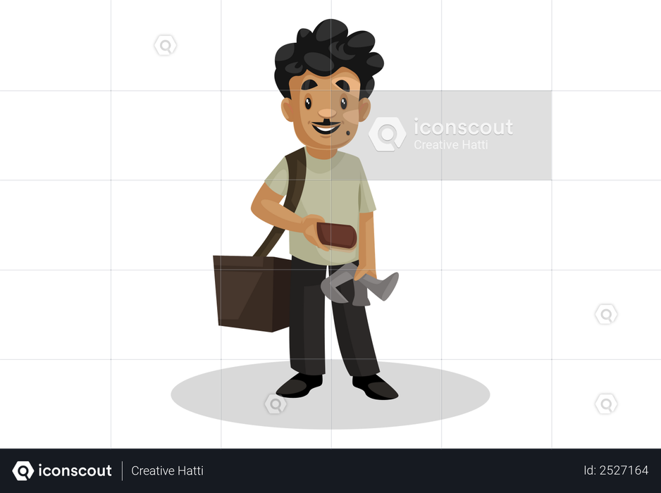 Indian cobbler man carrying shoe repairing toolbox Illustration