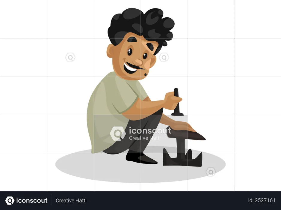 Indian cobbler repairing shoe  Illustration