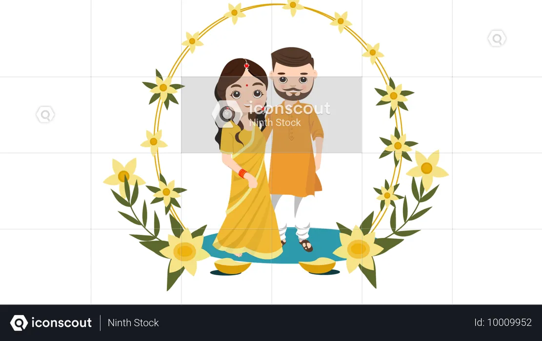 Indian couple at Haldi event dressed in yellow costumes  Illustration