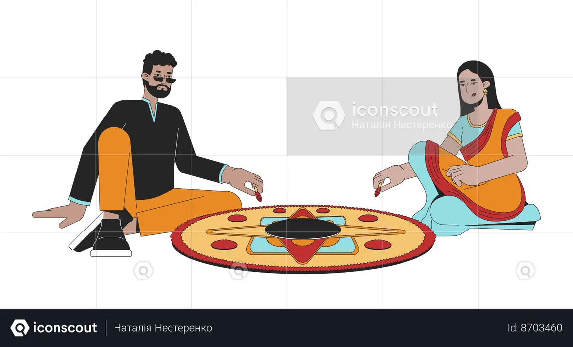 Indian couple creating rangoli  Illustration
