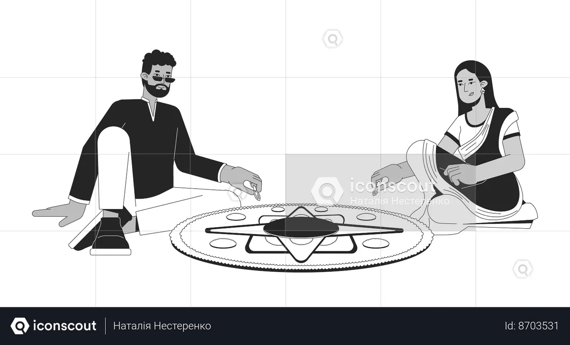 Indian couple creating rangoli  Illustration