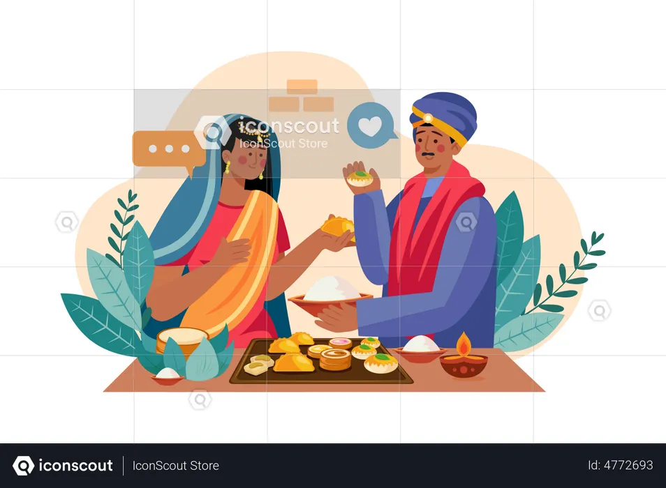 Indian couple enjoying Diwali sweets  Illustration