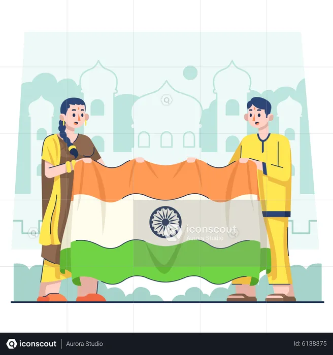 Indian couple holding flag  Illustration