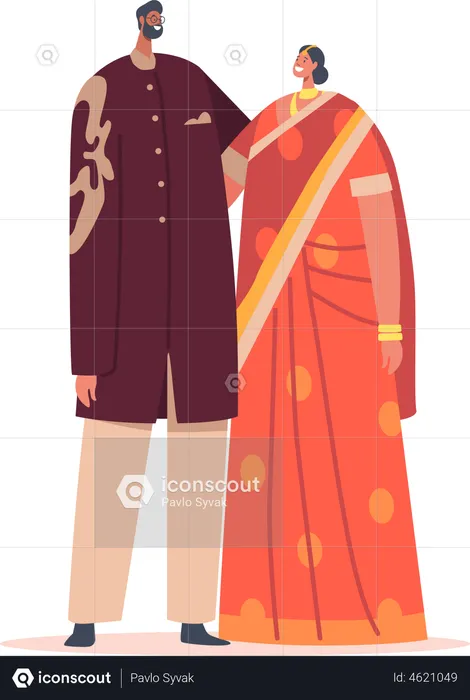 Indian Couple Marriage Celebration, Happy Bearded Groom and Bride Characters Wedding Ceremony, Newlywed  Illustration