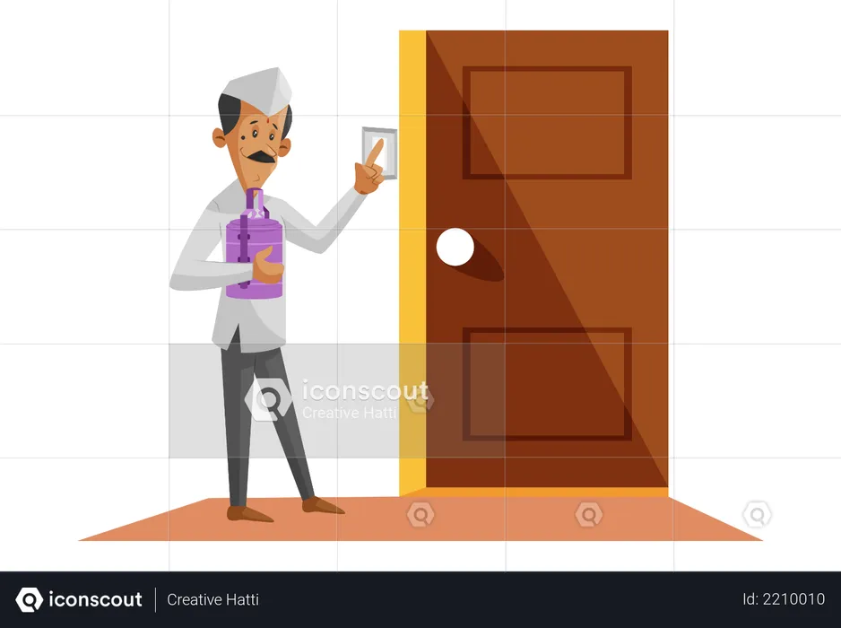 Indian Dabbawala delivering food tiffin at home  Illustration