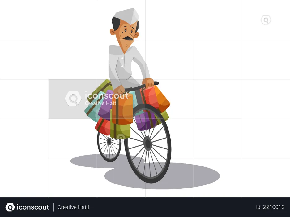 Indian Dabbawala delivering tiffin boxes on cycle  Illustration