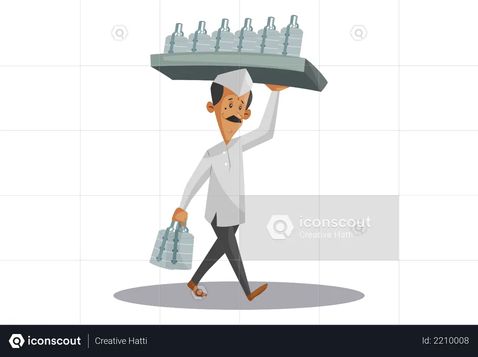 Indian Dabbawala holding food tiffins on shoulder and hand  Illustration