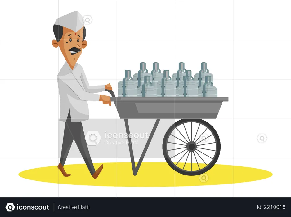 Indian Dabbawala with hand trolley full of food tiffins  Illustration