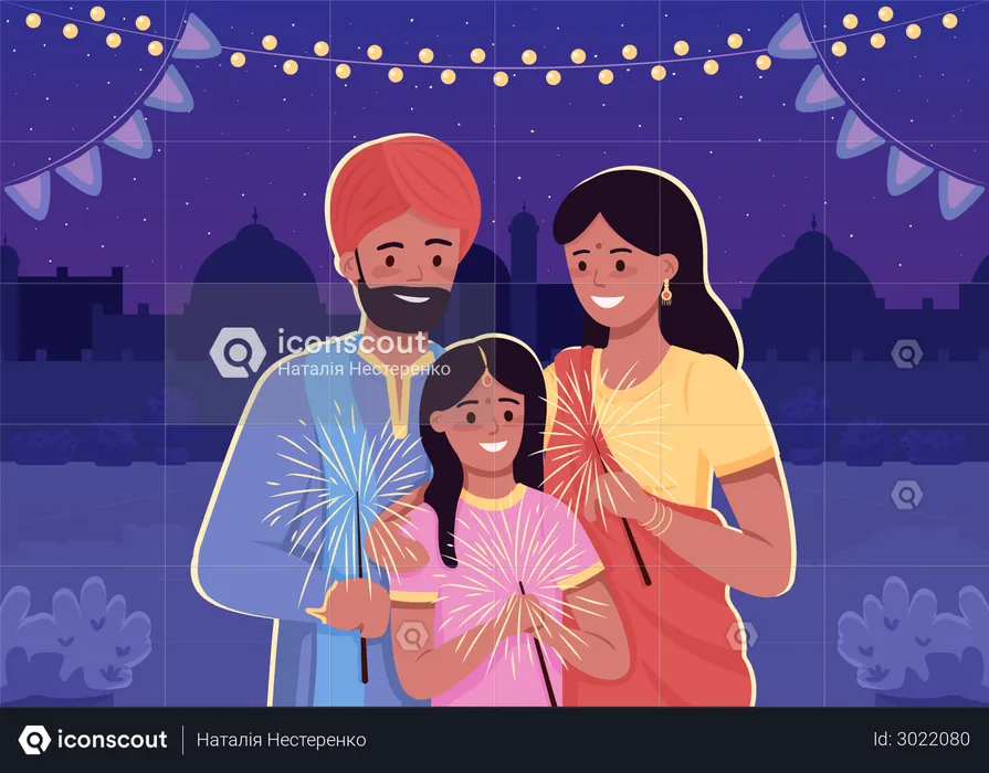 Indian family celebrating Diwali  Illustration