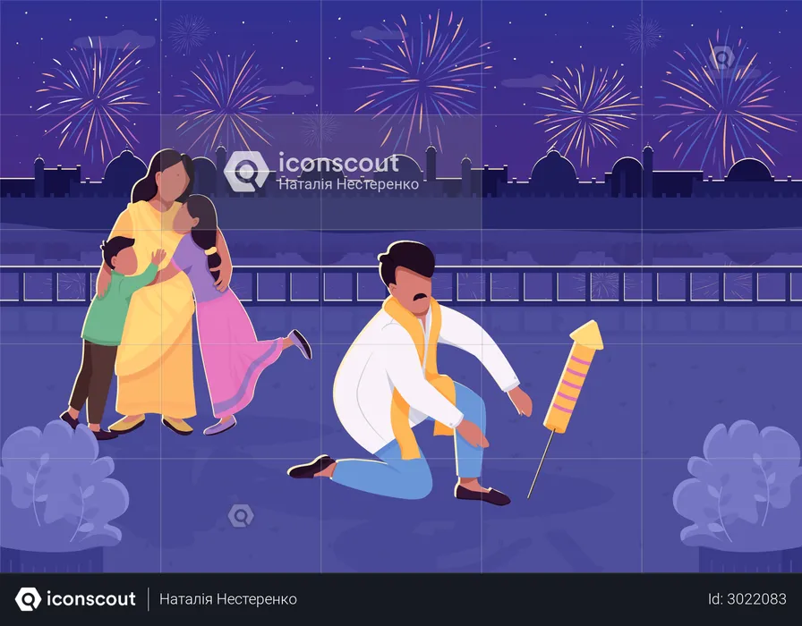 Indian family celebrating Diwali and bursting rocket  Illustration