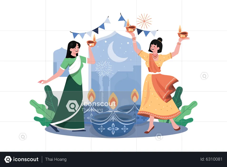 Indian family celebrating Diwali festival  Illustration
