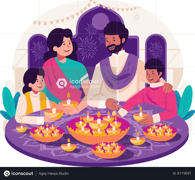 Indian family decorating rangoli and diya to celebrate diwali  Illustration