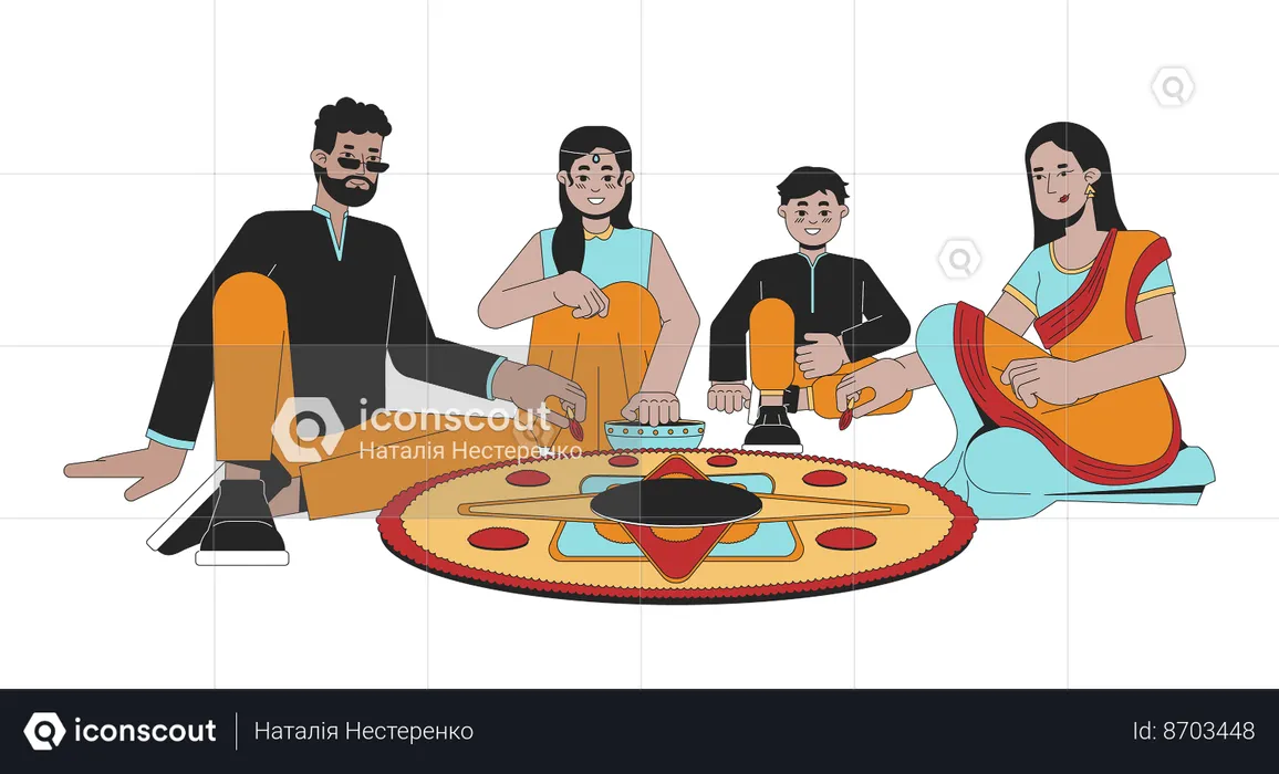 Indian family making diwali rangoli  Illustration