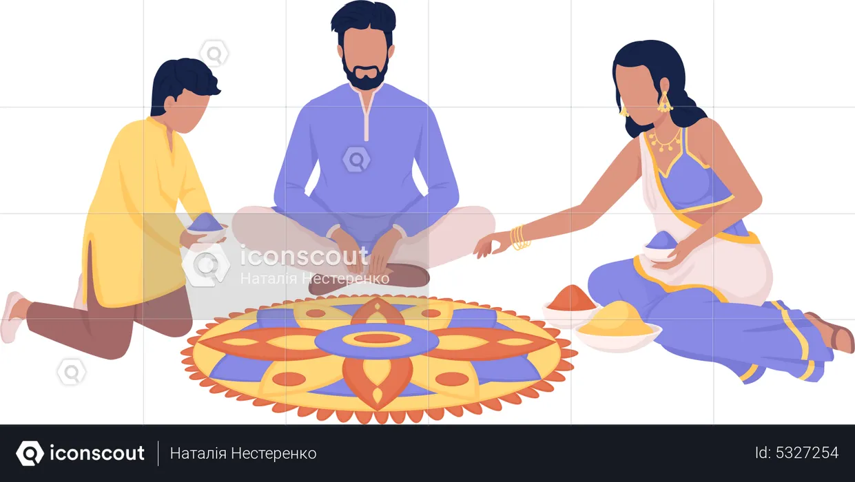Indian family making Rangoli  Illustration