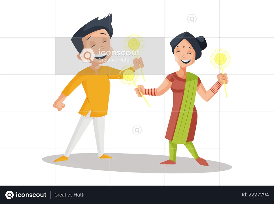 Indian family playing with sparkle stick  Illustration