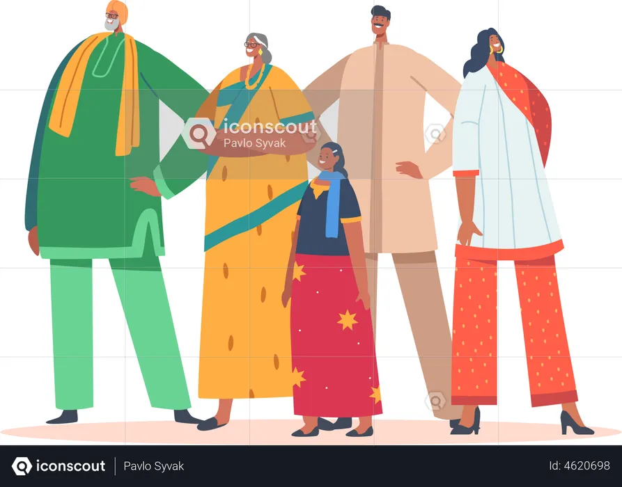 Indian Family Wear Traditional Clothes  Illustration