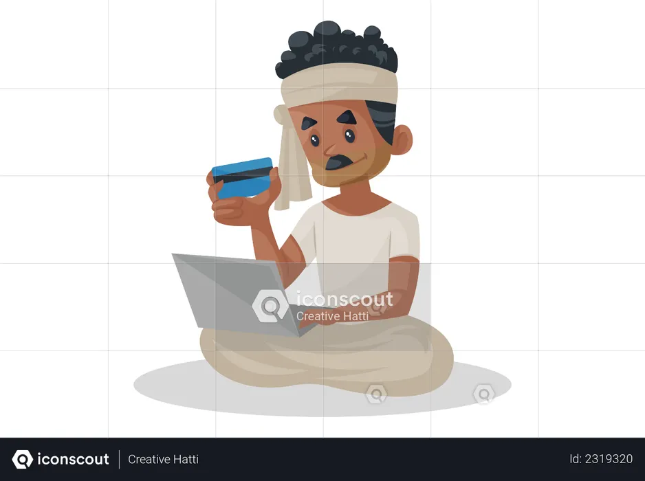 Indian farmer doing online payment using card on laptop  Illustration