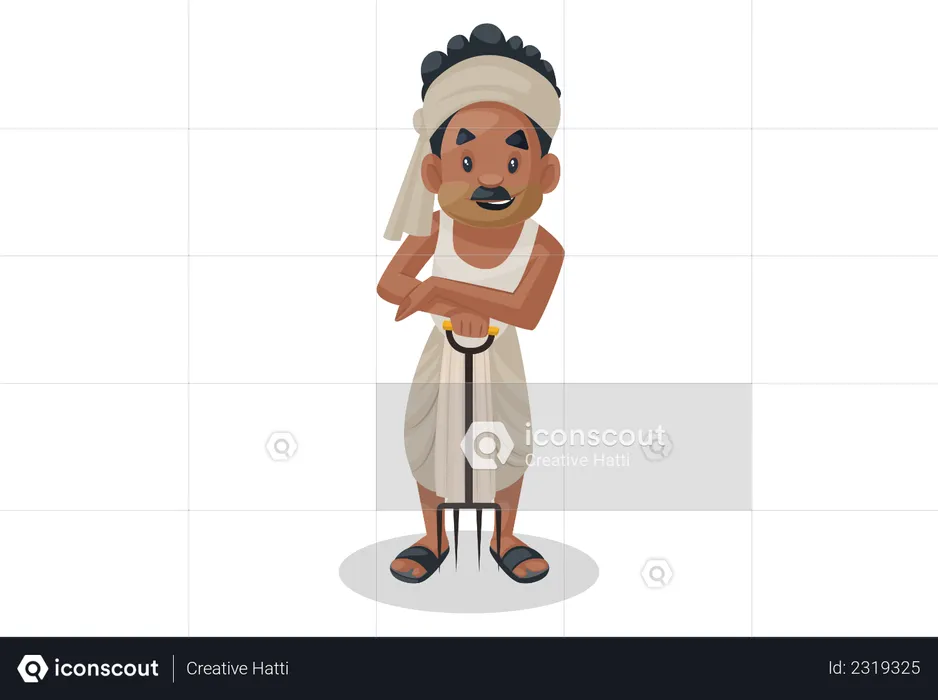 Indian farmer holding agricultural rake  Illustration