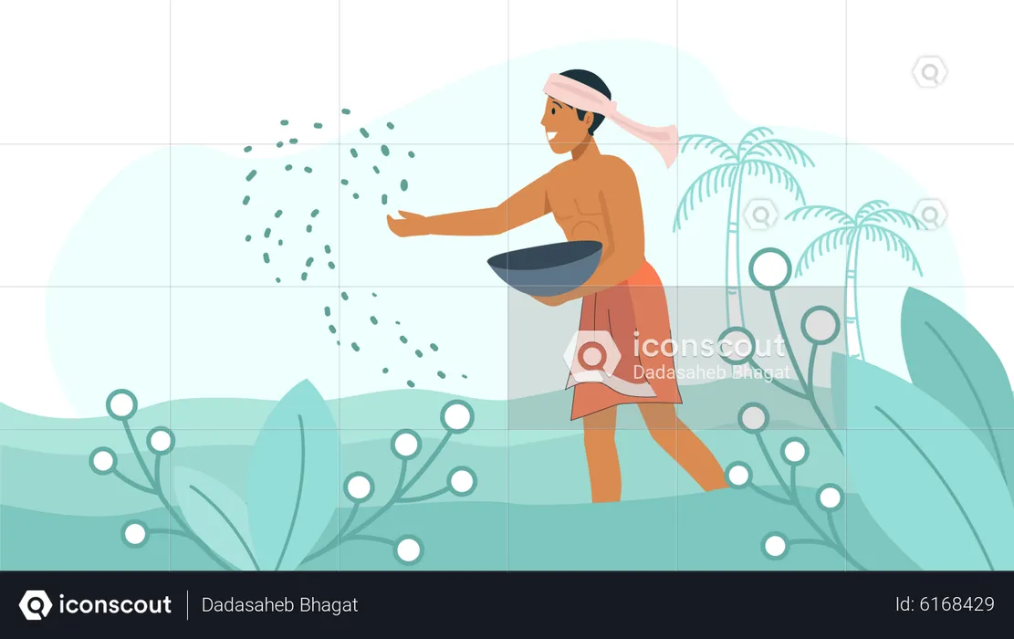 Indian farmer planting seeds in soil  Illustration