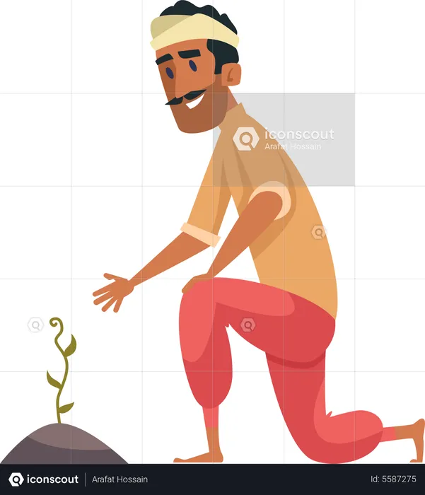 Indian farmer taking care of plant  Illustration