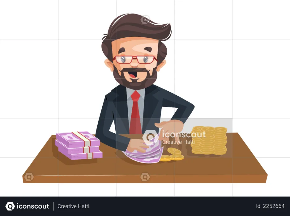 Indian financial advisor is sitting and counting money on the desk  Illustration