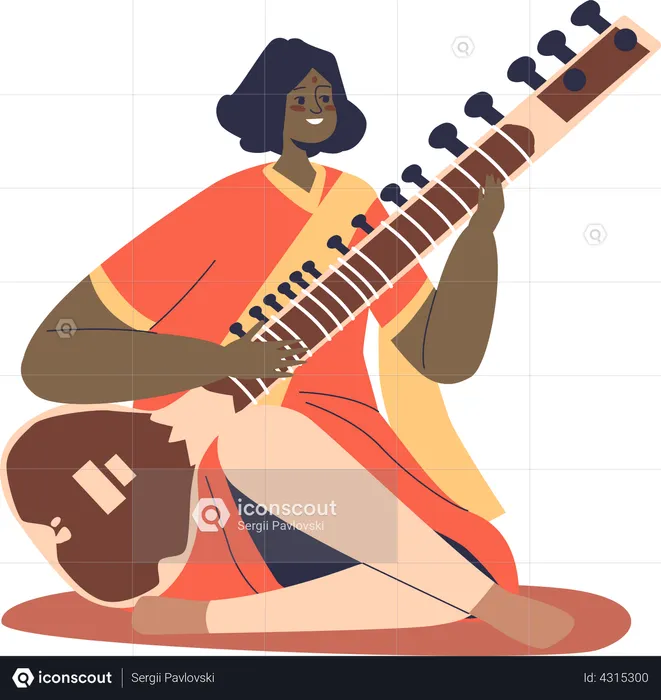 Indian folk musician woman in national clothes playing on sitar  Illustration