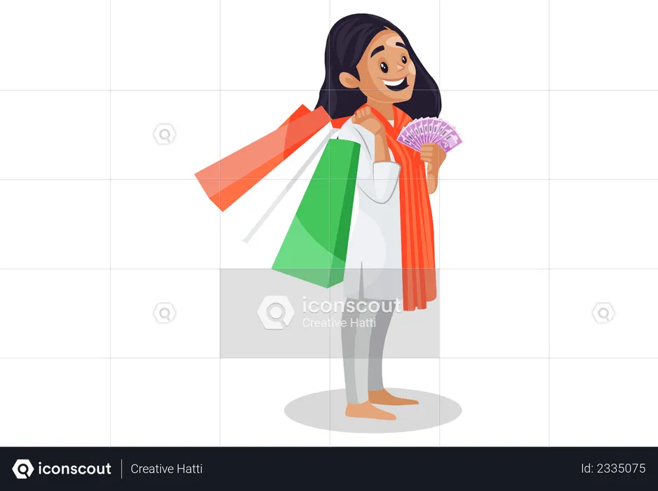 Indian girl holding shopping bags and rupees in her hands  Illustration