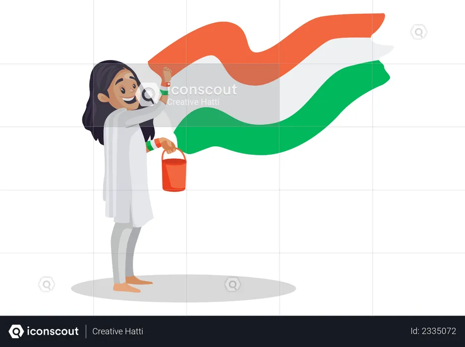 Indian girl is holding a color bucket and painting the Indian flag on a wall  Illustration