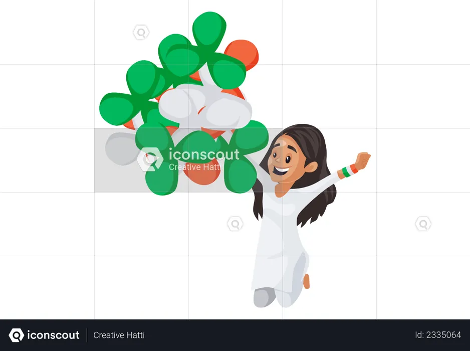 Indian girl is jumping and holding balloons in her hands  Illustration