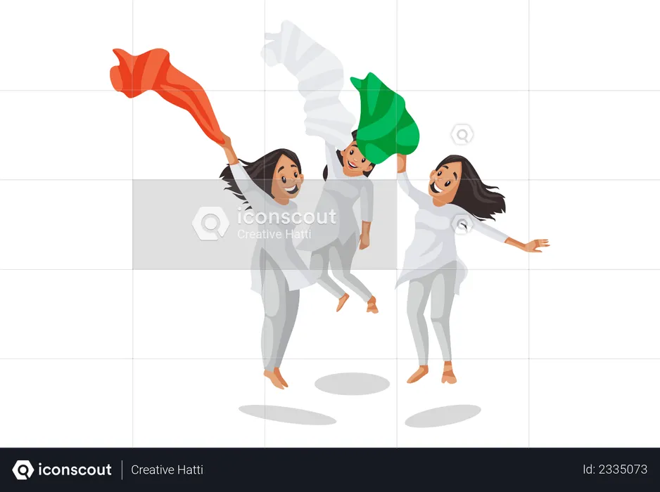 Indian girls are jumping and waving scarf  Illustration
