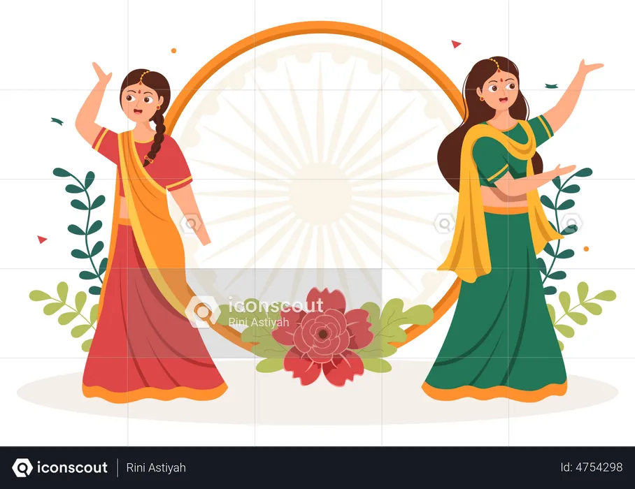 Indian girls celebrating Independence Day  Illustration