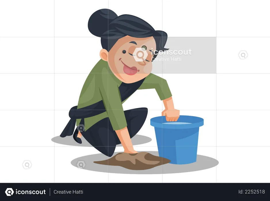 Indian house maid cleaning the floor  Illustration
