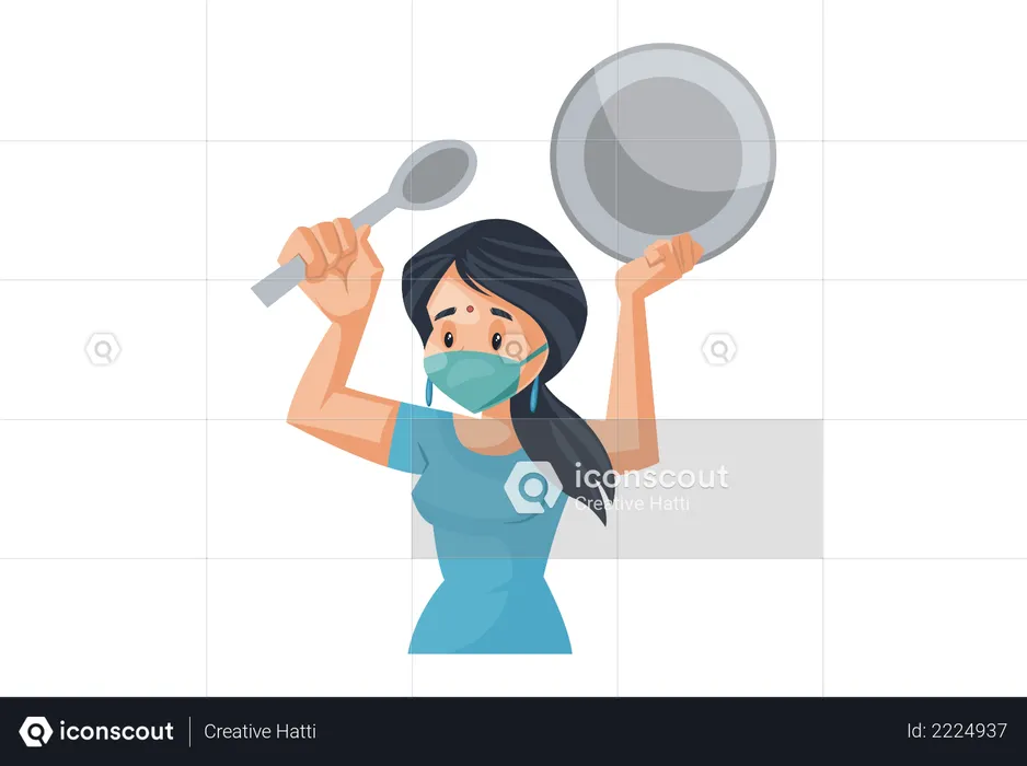 Indian House Wife making noise with spoon and dish for positive vibes in covid-19 situation  Illustration