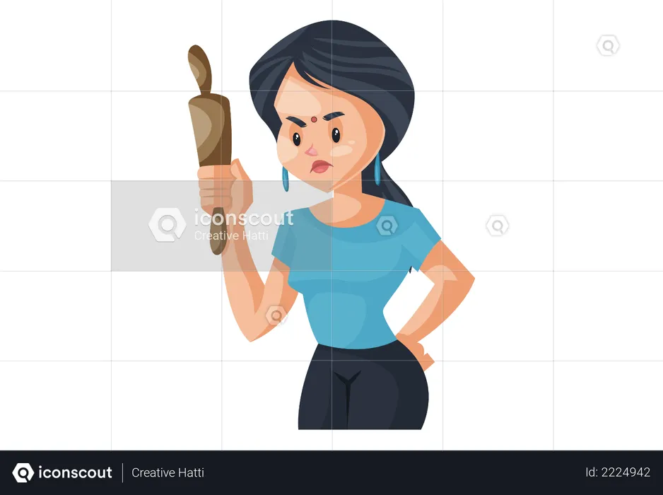 Indian House wife shouting holding rolling pin  Illustration