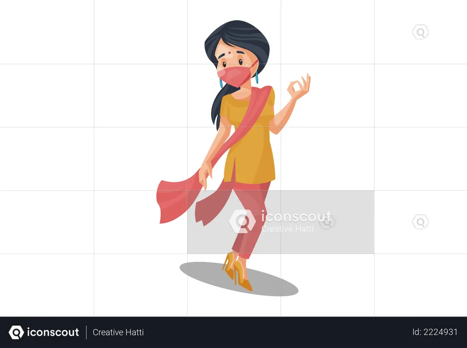 Indian House Wife Wearing Dress and face mask  Illustration