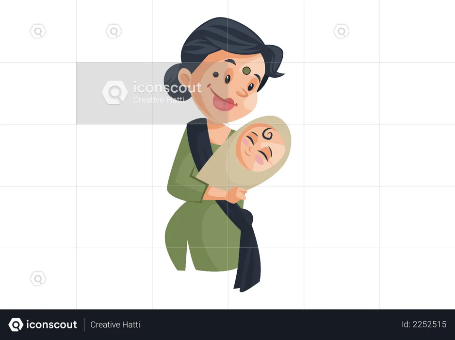Indian housemaid caring baby child  Illustration