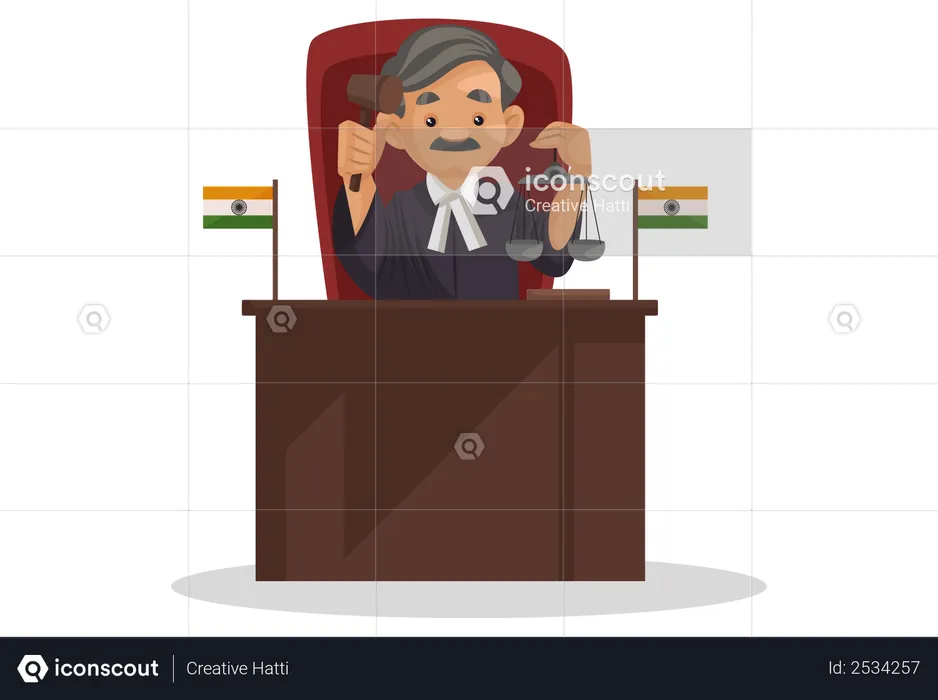 Indian Judge sitting in courtroom and holding hammer in his hand  Illustration