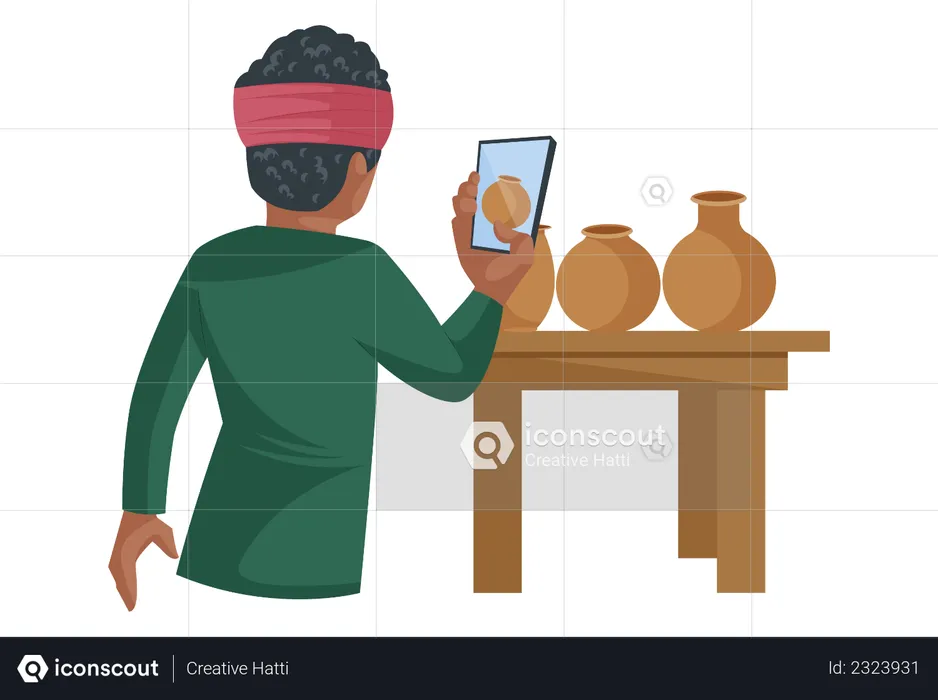 Indian kumbhar is clicking a photo of earthen pot from mobile for online selling  Illustration