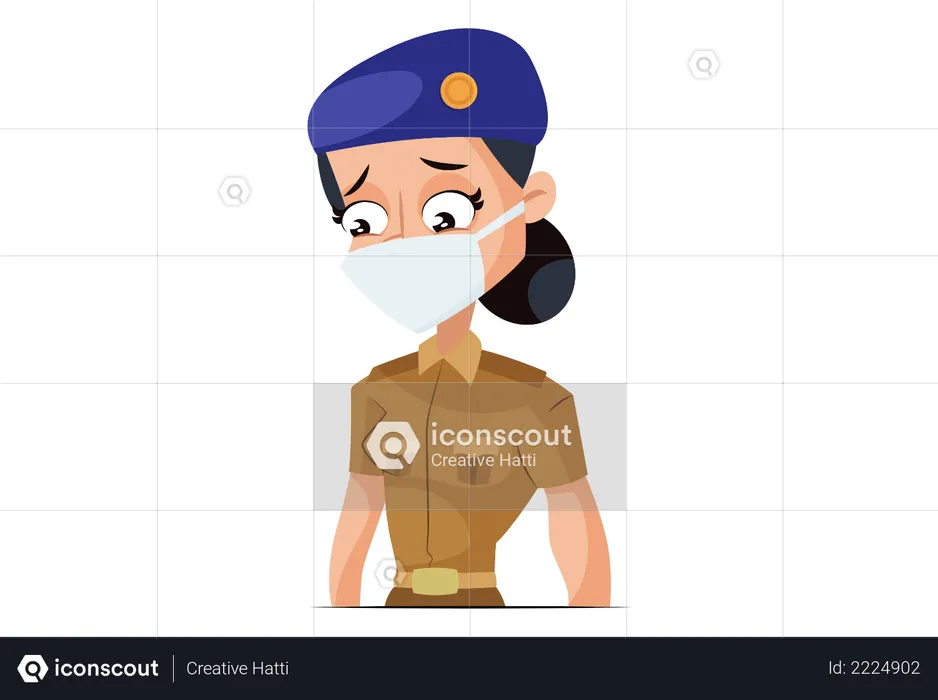 Indian Lady Police wearing Face Mask  Illustration