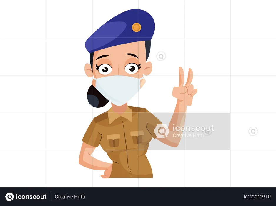 Indian Lady Police wearing face mask with victory hand gesture  Illustration