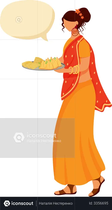 Indian lady serving meal  Illustration