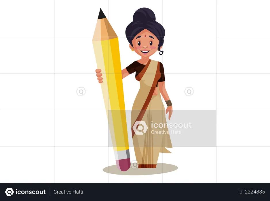 Indian Lady teacher holding Big Pencil  Illustration