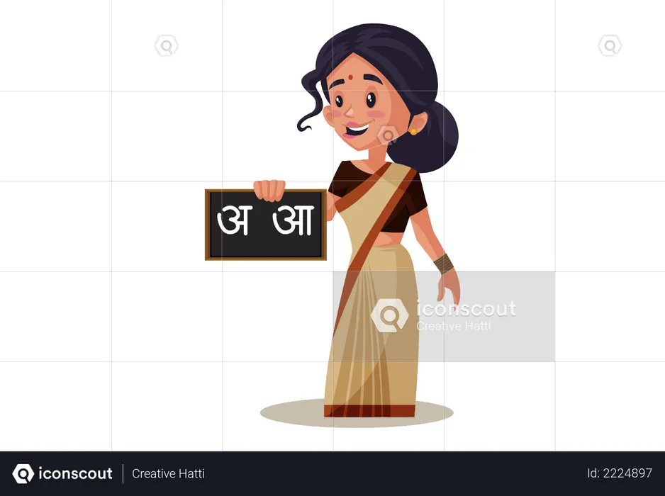 Indian Lady teacher holding Hindi Alphabet on Blackboard  Illustration
