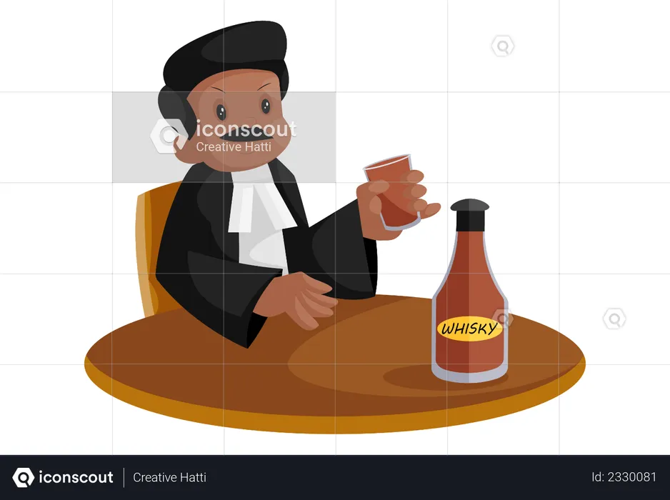 Indian lawyer is holding glass in hand and drinking whiskey  Illustration