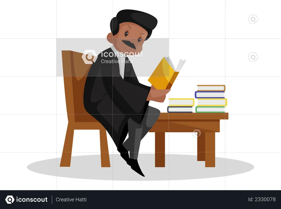 Indian lawyer is sitting on chair and reading law books  Illustration